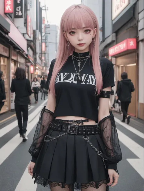 8k, RAW,natural skin,detailed skin,japanese girl,solo,smile, (brown eyes:1.2), long hair, straight hair, (pink hair:1.2), jirai fashion,eye shadow, mouth piercing,emo girl, metal, gothic, Emo Girl Clothes, black shirt, babymetal, pank skirt, platform sneakers, armlet, many earrings, earrings, lip piercing, gothic, in the tokyo, harajuku street,best quality,masterpiece