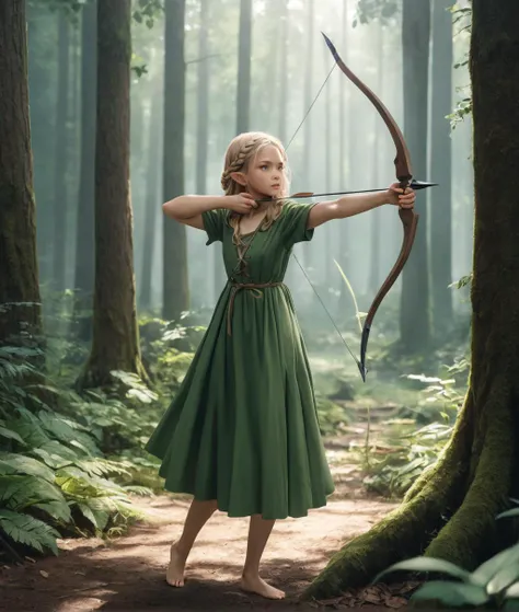 best quality, 8k, RAW, 1girl elf takes aim with old wooden bow, steel tip arrow, fantasy, blonde hair, elf ears, flat chest, elf costume, green dress, forest glade, full body,