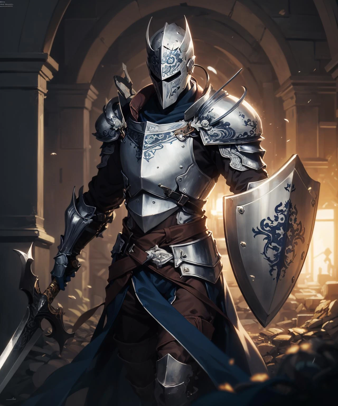 absurdres,beautiful and detailed illustration,masterpiece,best quality,ultra-detailed,soft lighting,1boy, cowboy shot, solo, solo focus, full armor, knight, shield, intricate armor, intricate shield, holding shield, holding greatsword, <lora:add_detail:0.3>, drawn in the artstyle of <lora:DarkFantasyStyleV1-000080:0.7>