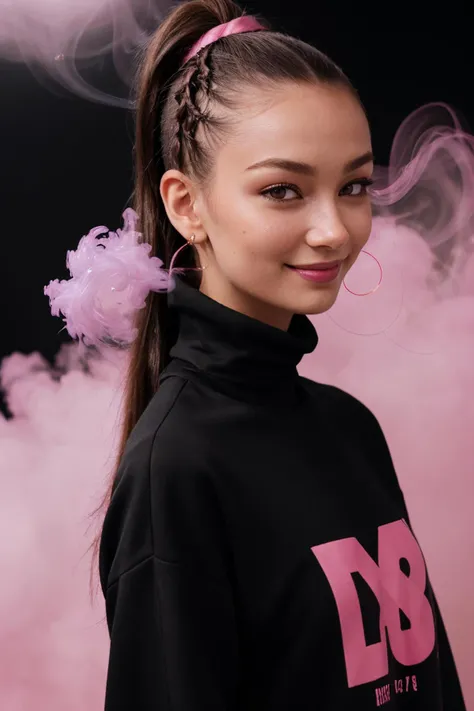 DV_Simone_Vicious ((Black Theme, Black backdrop:1.4)) (Close-Up Shot, headshot:1.4) (Brunette Ponytail :1.4)wearing (Black sweatshirt :1.4) 35mm, F/2.8 ((Photo Focus, DOF, Aperture, insanely detailed and intricate, character, hypermaximalist, elegant, ornate, beautiful, exotic, revealing, appealing, attractive, amative, hyper realistic, super detailed, heresy flares)) (smiling at viewer:1.3)(volumetric pink smoke:1.3) (pink lens flare:1.2)(sharpness:1.3)(details:1.3)
