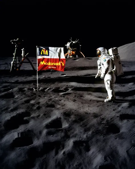an astronaut holding a mcdonald's flag, photo of the mission Apollo :1.2, apollo_style , deep black sky , space art , sci-fi , outher space<lora:Apollo_Style:1.0>