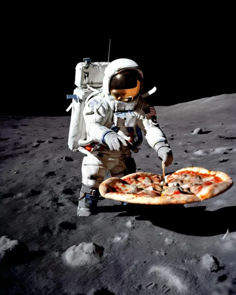 an astronaut holding a pizza, photo of the mission Apollo :1.2, apollo_style , deep black sky , space art , sci-fi , outher space<lora:Apollo_Style:1.0>