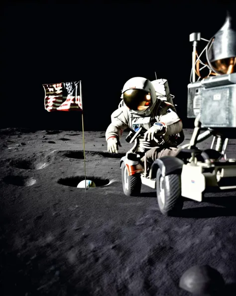 an astronaut drives pearly white bubble car, on the moon, american flag, earth, space, stars, photography, ultra sharp, film, professional, 64k <lora:PeaCar1024:0.8> <lora:add-detail-xl:1.5>