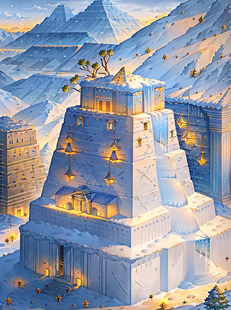 <lora:SumerianArchitecture:0.65> sumerian, scenery, building, temple, ziggurat, pyramid, palace, monumental architecture, city, cityscape, nisroch, <lora:Xmas3:0.65> Xmas, ice covered, snow covered, neatly wrapped , with icicles, icicles, mistletoe,
