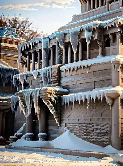 <lora:SumerianArchitecture:0.85> sumerian, scenery, building, temple, ziggurat, pyramid, palace, monumental architecture, city, cityscape, nisroch,   <lora:Xmas3:0.85> Xmas, ice covered, snow covered, neatly wrapped , with icicles, icicles, mistletoe,