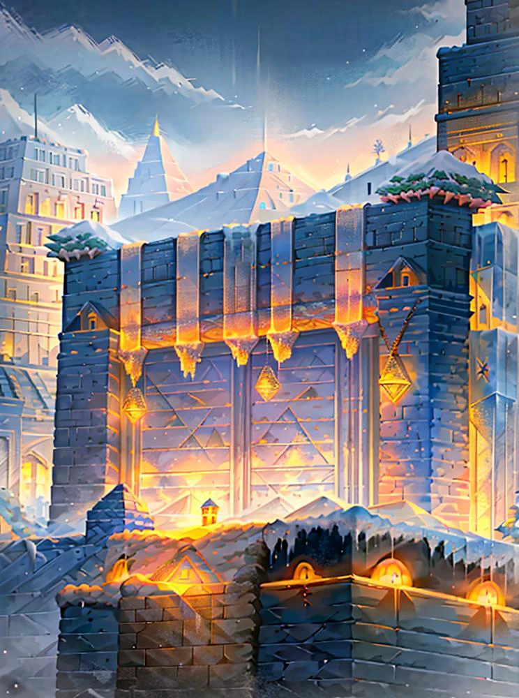 <lora:SumerianArchitecture:0.8> sumerian, scenery, building, temple, ziggurat, pyramid, palace, monumental architecture, city, cityscape, nisroch, <lora:Xmas3:0.8> Xmas, ice covered, snow covered, neatly wrapped , with icicles, icicles, mistletoe,