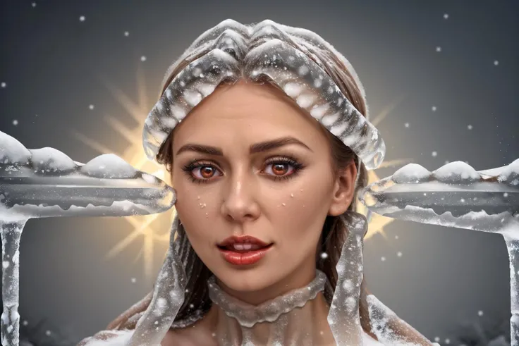 <lora:Xmas3:0.8> Xmas woman ice covered with icicles, on a christmas style background