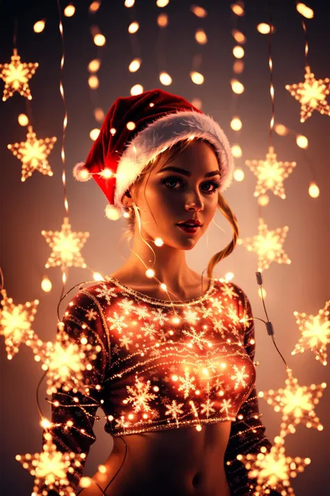 <lora:Xmas3:0.7> Xmas woman, christmas style background, (string lights:0.4)