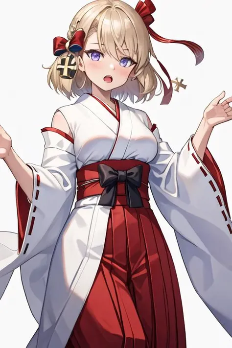 best quality, masterpiece, highres, solo, {white kimono:1.35}, {red hakama:1.35}, {wide sleeves:1.20}, {z23_azurlane:1.15}, short_hair, blush, bangs, breasts, bow, blue_eyes, blonde_hair, hair_bow, cross, purple_eyes, iron_cross, open_mouth, medium_breasts, hair_between_eyes