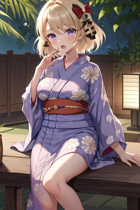 best quality, masterpiece, highres, solo, {yukata:1.40}, {kimono:1.20}, {z23_azurlane:1.15}, short_hair, blush, bangs, breasts, bow, blue_eyes, blonde_hair, hair_bow, cross, purple_eyes, iron_cross, open_mouth, medium_breasts, hair_between_eyes
