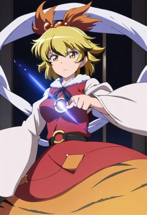 masterpiece, best quality, anime coloring, 1girl, solo, very aesthetic, absurdres, ultra detailed, perfect features, intricate details, toramaru shou, blonde hair, black hair, two-tone hair, streaked hair, multicolored hair, short hair, yellow eyes, medium breasts, bangs, red dress, orange skirt, red skirt, tiger print, hood, shawl, fur trim, long sleeves, wide sleeves, black footwear, hair ornament, black ribbon, o-ring, black belt, neck ribbon, hagoromo, bishamonten's pagoda, holding, standing, serious, indoors, looking at viewer, night, pointing at viewer