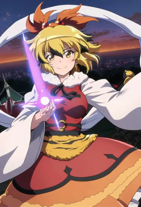 masterpiece, best quality, anime coloring, 1girl, solo, very aesthetic, absurdres, ultra detailed, perfect features, intricate details, toramaru shou, blonde hair, black hair, two-tone hair, streaked hair, multicolored hair, short hair, yellow eyes, tiger tail, medium breasts, bangs,  red dress, orange skirt, red skirt, tiger print, hood, shawl, fur trim, long sleeves, wide sleeves, black footwear, hair ornament, black ribbon, o-ring, black belt, neck ribbon, hagoromo, bishamonten's pagoda, holding, standing, smile, outdoors, looking at viewer, evening