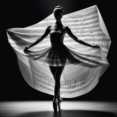 abstract,surrealism, ballerina wrapped in sheet music from head to toe, black background