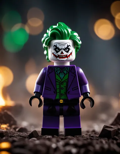 cinematic photo Lego minifig of , The Joker Face Paint, Smokey Conditions, . 35mm photograph, film, bokeh, professional, 4k, highly detailed