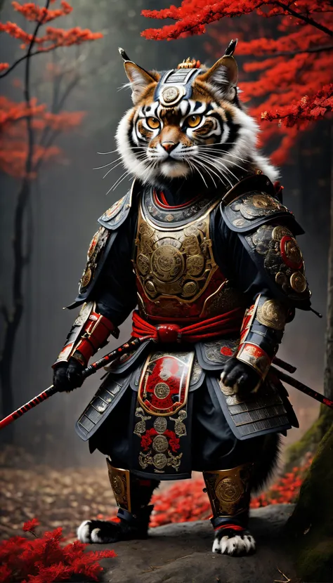 RAW photo, anthro creature in lifelike photograph, complex ultra detailed (full body PHOTO) of a ferocious feral cat samurai wearing a full body set of (Gusoku armor) and a ( beautifully decorated big (Eboshi kabuto) samurai helmet), (beautiful embroideries), shiny armor plates, detailed varied textures, (((specular highlight))), (subsurface scattering), (((150 mm))), volumetric light, HDR, ((extremely intricate)), (intricate details), elegant, beautiful background, octane render, 8k, best quality, masterpiece, an extremely delicate and beautiful, extremely detailed , (realistic, photo-realistic:1.5),Amazing, fine detail, masterpiece,best quality,official art, extremely detailed 8k wallpaper, (great composition), exotic decorations, HDR, high contrast, big head inside helmet, red black and gold colors, soft rim light, (exposure blend), cute paws, samurai sword strapped to waist, majestic, triumphant, imposing,