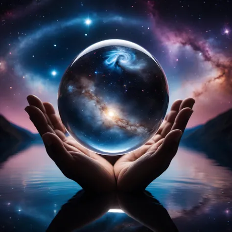 Close-up of a man holding a small marble containing an entire galaxy, swirling nebulas and distant star systems visible, reflections on the marble's surface showing its environment, lighting highlighting the depth and vastness inside