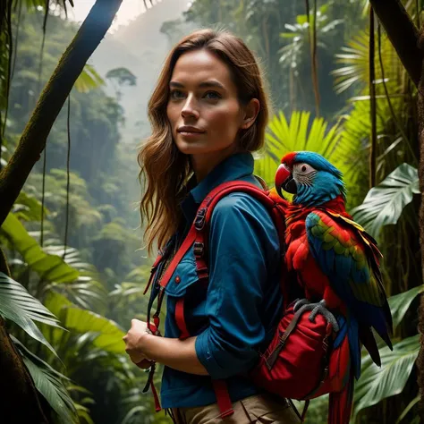 beautiful lighting, UHD 8k, , a cinematic photograph of a gorgeous woman adventurer with a small scarlet macaw perched on her backpack, adventurer attire, jungle