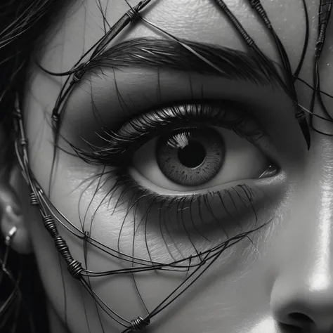 extreme closeup of her eye Rough charcoal sketch on old paper, muscular female cyberpunk wires electronics cyborg (barbwire wrapped around her face:1.4) fluids steampunk figure,dynamic pose, fog clean line art, expressive line,in the style of expressive sketch drawing, hatching, black and white sketch, hand drawing, sketching, linear style in the style of Todd McFarlane, detailed, realistic, 8k uhd, high quality