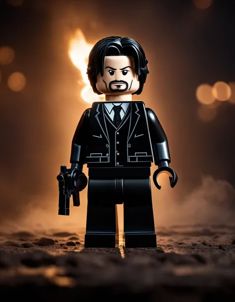 cinematic photo Lego minifig of a Rule of Thirds, Keanu Reeves with black hair, wearing black suit, Hero pose, carrying a gun Moorish Superhero Face Paint, Smoky Conditions, Ambrotype . 35mm photograph, film, bokeh, professional, 4k, highly detailed