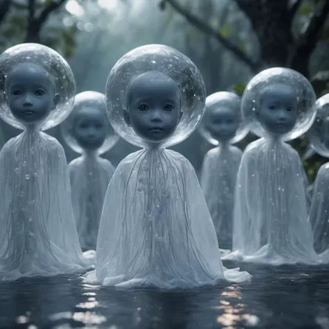 family of GHOSTS, ethereal family, transparent beings floating, photorealistic, hyperrealisitc, 8k, live action film, CGI, Bokeh blur, High detail, Sony Alpha α7, ISO1900,, detailed, realistic, 8k uhd, high quality