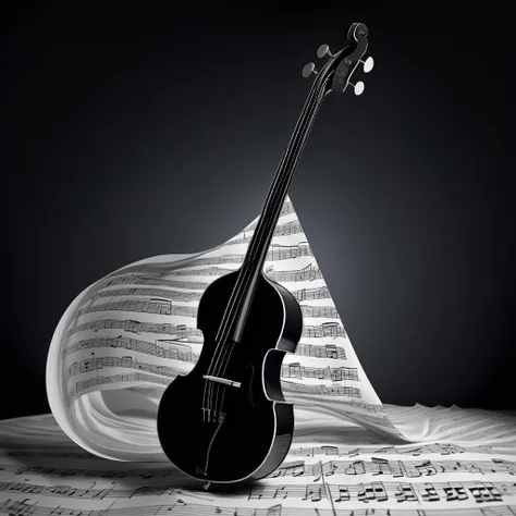 abstract,surrealism, acoustic bass wrapped in sheet music from head to toe, black background
