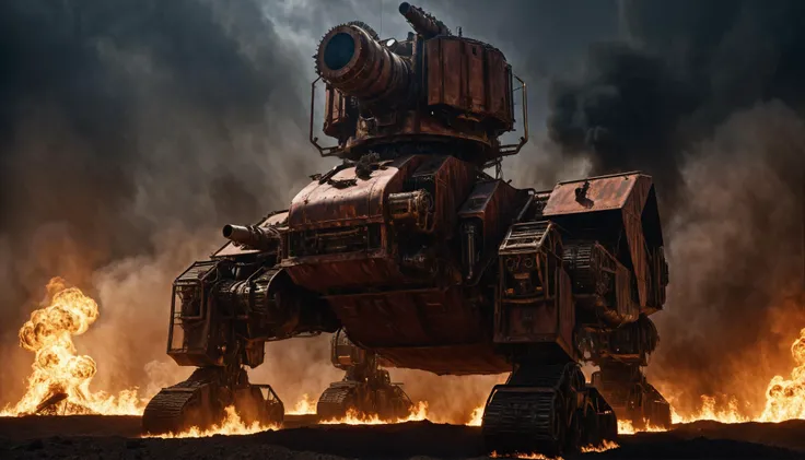 (cinematic still) of a four legged giant mech behemoth with a giant cannon on its head, rampaging through a battlefield wasteland, debris, dust, smoke, flames, awe-inspiring complex cinematography, (pristine black metallic with red and golden highlights), black and red colors, beautifully decorated machinery, realistic metal texture, (extremely detailed textures), (high resolution texture), patches of rust, gritty, insanely detailed machinery, (intricate parts), (dramatic lighting:1.3), sharp focus, (((150 mm))), volumetric light, HDR, ((extremely intricate)), (intricate details), elegant, beautiful background, octane render, 8k, best quality, masterpiece, an extremely delicate and beautiful, extremely detailed, (realistic, photo-realistic:1.5), (specular highlight), (subsurface scattering), (ambient occlusion), (global illumination), Amazing, fine detail, masterpiece,best quality, official art, extremely detailed 8k wallpaper, (great composition), high contrast, vibrant colors, (exposure blend:1.3),