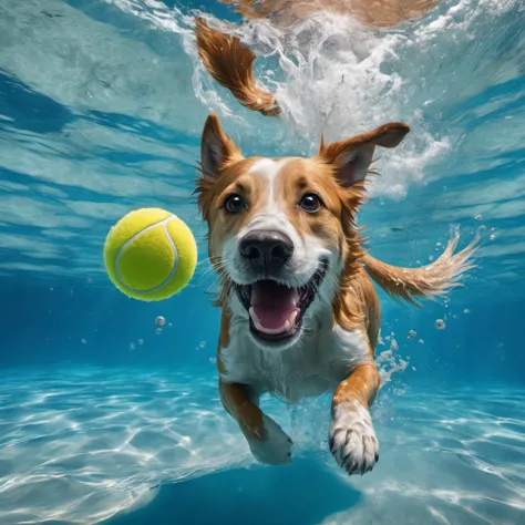 Happy dog with mouth open swimming underwater chasing tennis balland having fun. Happy childhood and summer vacation. High quality photo realistic .8k,, detailed, realistic, 8k uhd, high quality