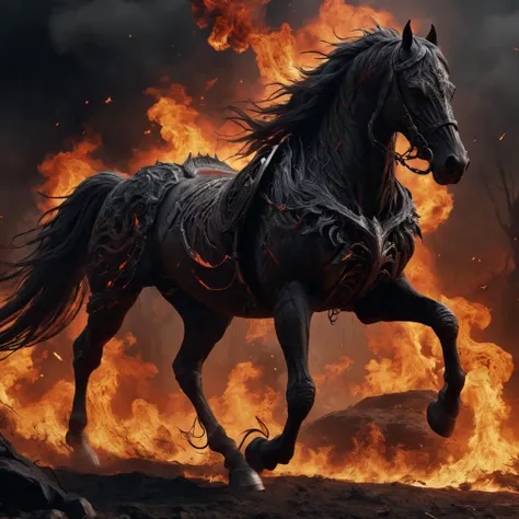 a demonic horse made out of hellfire and ash, dark fantasy, unreal engine 5, detailed, realistic, 8k uhd, high quality