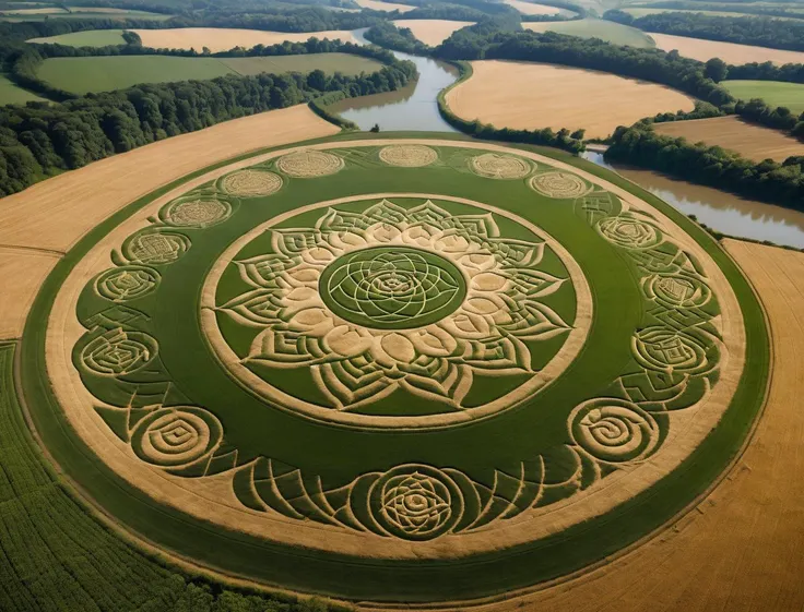 (Aerial:1.3) photography, cornfields full of elaborate crop circles of 7 Chakras, cymatic visuals with perfect geometry, forests, river, landart <lora:xl_more_art-full-beta2:1.0>