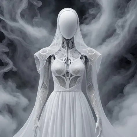 a ghostly man robotic shape wearing a white and white dress on a foggy day, in the style of abstract forms in motion, black and grey, ethereal abstractions, flowing fabrics, canon eos 5d mark iv, installation-based, intricate minimalism, detailed, realistic, 8k uhd, high quality
