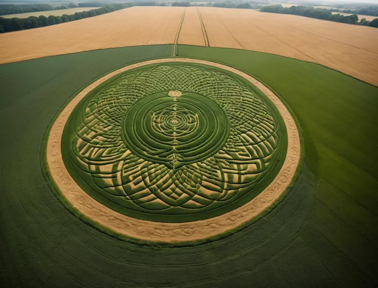 (Aerial:1.3) photography, cornfields full of elaborate crop circles of 7 Chakras, cymatic visuals with perfect geometry, forests, river, landart <lora:xl_more_art-full-beta2:1.0>