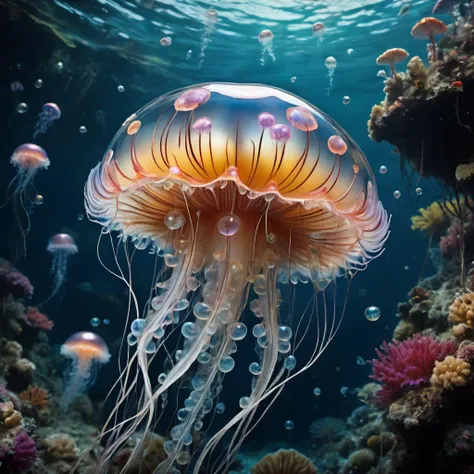 photo, by Brian froud, colourful intricate and ornate pearlescent jellyfish under the ocean, reflective pearls, reflective bubbles, I can’t believe how beautiful this is, detailed, realistic, 8k uhd, high quality