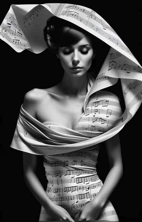 abstract,surrealism, a woman;s body wrapped in sheet music from head to toe, black background