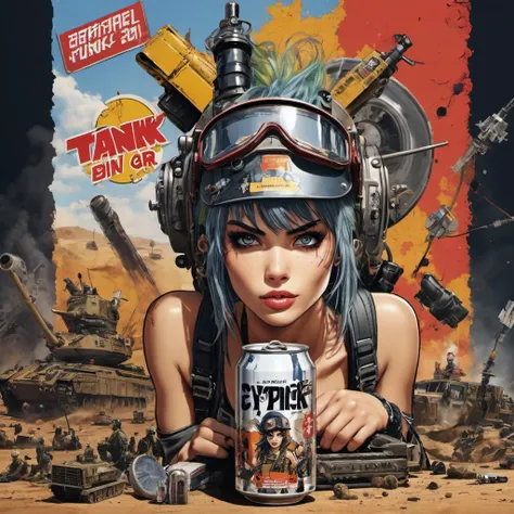 cybperpunk Tank girl on a can beverage letting on can says " Tank Girl ", product advertisement, product photography, detailed, realistic, 8k uhd, high quality