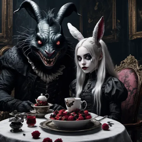 Dark take on Alice in Wonderland, Billie Eilish has a mouth like Venom, is a Vampire sitting having tea with a monster Rabbit, detailed, realistic, 8k uhd, high quality