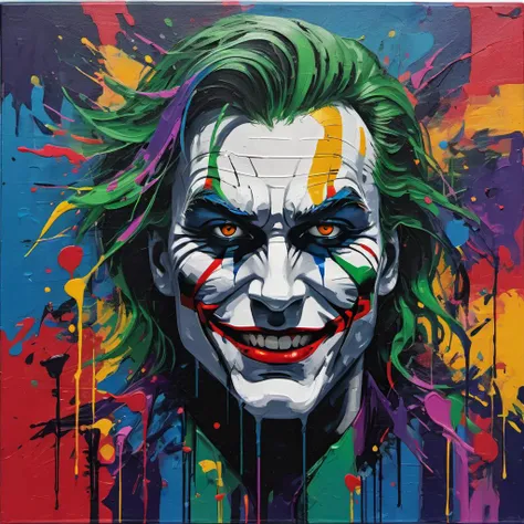 abstract acrylic fine art painting, The Joker with RGB glitching accents, canvas oil painting texture, futuristic modern painting vibes, playdough paint-strokes, tiny aesthetic glitches, glitchy minimalist ::2 thick acrylic oil paint strokes on canvas texture :: RGB glitching, glitched art, detailed, realistic, 8k uhd, high quality