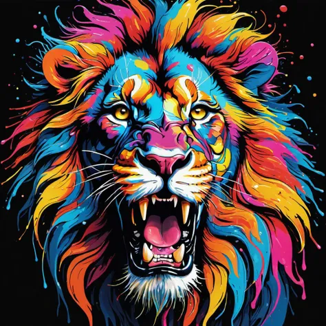 dripping roaring lion portrait in the style of frank miller, neon colourful, cell shaded cartoon, lots of dripping paint, on black background, detailed, realistic, 8k uhd, high quality
