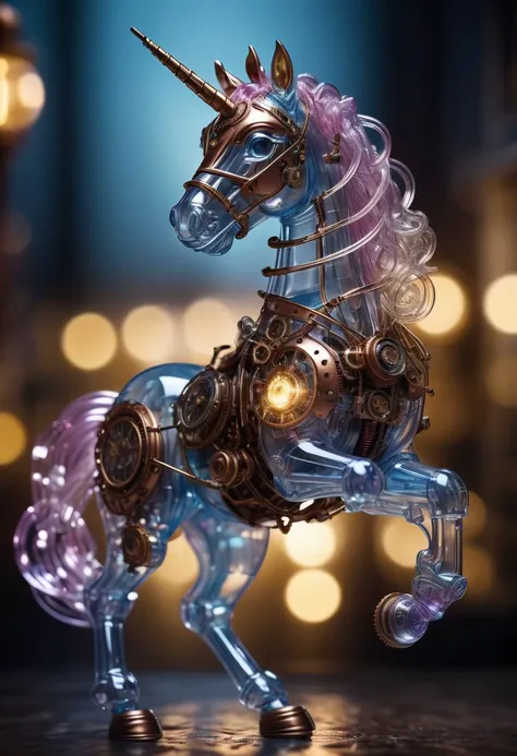 see thru steampunk Unicorn translucent body with fair lights inside of it, detailed, realistic, 8k uhd, high quality