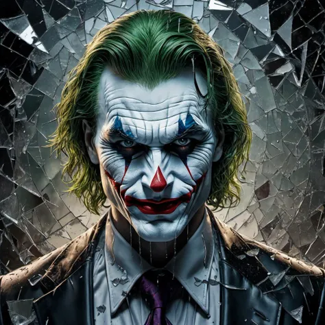 Portrait in (broken:1.4) mirror glass The Joker, detailed, realistic, 8k uhd, high quality