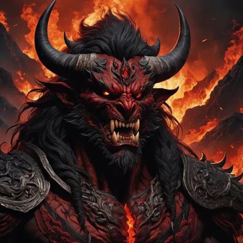 Male character with Demon Face, with red skin, sharp horns, red eyes and sharp teeth, Buffalo horns, curved and pointed, High-quality animation, High quality, with accurate details and realistic textures, Hell,
hot and fiery
Demons, monsters, souls in pain, Fire, lava, sulphur,
Screams, laments, suffering.
The sky is dark and full of storm clouds.
The sun is hidden by clouds, and the light is poor.
The air is filled with smoke and sulphur vapour.
The ground is covered with lava and rocks.
The creatures of hell are grotesque and horrible.
The screams and wails of the damned can be heard everywhere.
Use saturated colours and strong contrasts to create an atmosphere of suspense and tension. Atmospheric fog
It includes Gothic elements such as candles, skulls, and bats to create a sense of horror and mystery.
Make the characters grotesque and menacing, with exaggerated features and disturbing facial expressions.
comic book style , Todd McFarlane style., detailed, realistic, 8k uhd, high quality