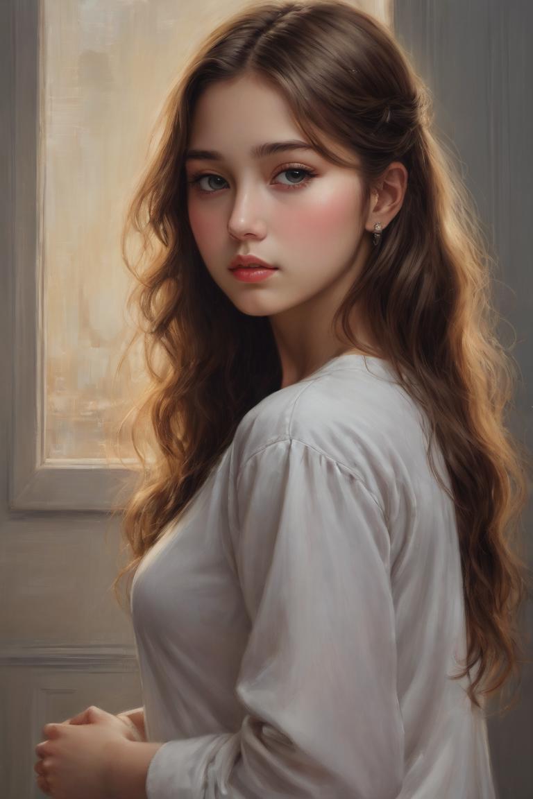 A painting of a woman with long hair and a white shirt - SeaArt AI