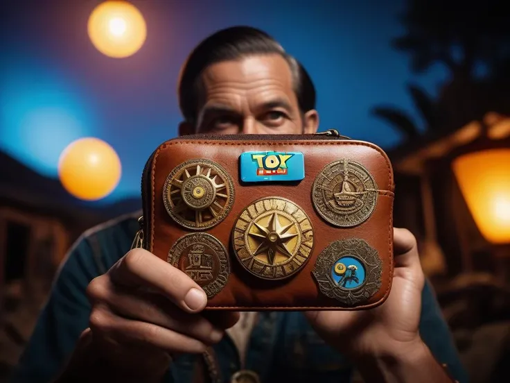 cinematic photo art by Isaiah Zagar, 70s illustration style of a flyweight Hamm from Toy Story, wearing Magnificent Prehistoric Pha biang, Atomic Age Wallet, Smoky Conditions, Overdetailed art, split lighting, L USM, Electic Colors . 35mm photograph, film, bokeh, professional, 4k, highly detailed