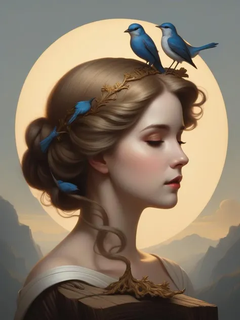 concept art art by Mary Jane Ansell,art by Albrecht Anker, sticker of a Crude [Bluebird|Tree stump], Baroque Art, Direct light, Saturated, arcane, "Here comes the sun, and I say it's all right." . digital artwork, illustrative, painterly, matte painting, highly detailed