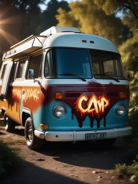 cinematic photo graffiti print of a Inconsiderate Melting Camper, Hurricane, split diopter, back-light . 35mm photograph, film, bokeh, professional, 4k, highly detailed