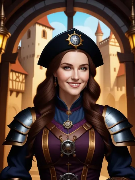 cinematic photo Mural of a Tudor Female Siege engineer, background is Happy Dalaran, Vanitas, back-light, Provia, art by Wlad Safronow . 35mm photograph, film, bokeh, professional, 4k, highly detailed