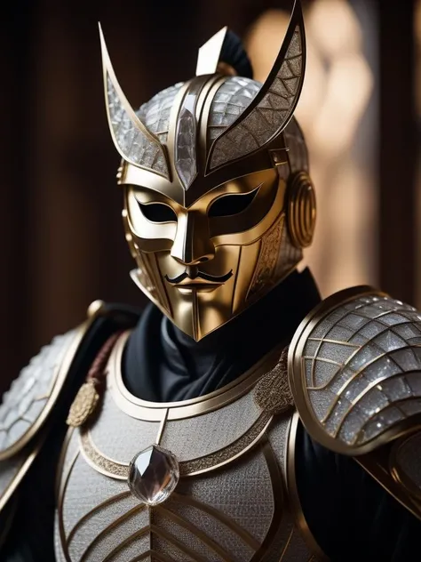 cinematic photo Newspaper paper Cuts of a buxom man knight, Twisted Samurai Mask, Tender Backpack, Movie still, Sad, Crystal Cubism, natural lighting . 35mm photograph, film, bokeh, professional, 4k, highly detailed