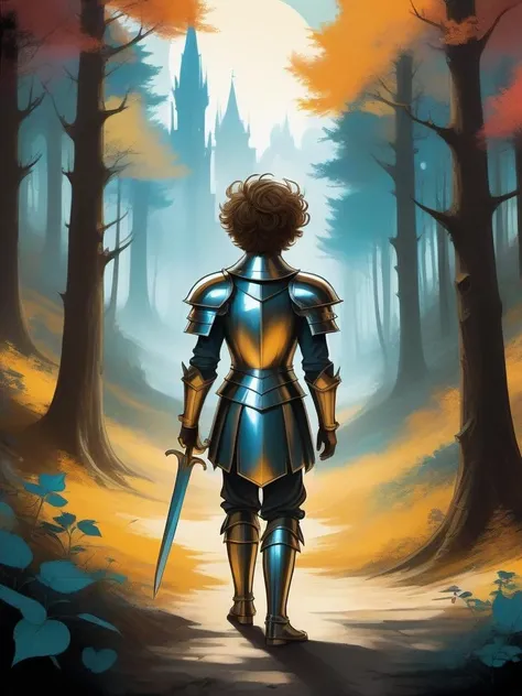 concept art art by Guido Borelli da Caluso, child's drawing of a fairy tale, Efficacious Moving fat Empire Altmer, Music producer, wearing Knight costume, Radiant hair, Taper hairstyle, inside a Deserted Boreal Forest, deep focus, Graphic novel, Shameless, Crystal Cubism, F/2.8, Kinemacolor, rich color, sfumato . digital artwork, illustrative, painterly, matte painting, highly detailed