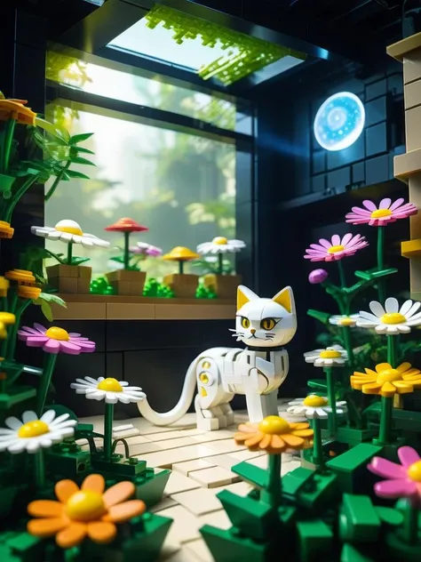 concept art Lego set of a garden with Daisy, Abandoned "Whispers of the universe, cosmic echoes guiding our souls, connecting us to the vastness of creation.", from inside of a Cat caf, at Midday, FOV 90 degrees, Animecore, side light . digital artwork, illustrative, painterly, matte painting, highly detailed