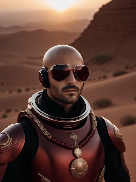 cinematic photo art by Jeremy Geddes, a stock photo of a hyper detailed, Deeply Thoughtful Lebanese Martian, Abbot, Amphibian Eyes, Necklace, Sunglasses, at Sunrise, soft focus, Ultrarealistic, film grain, Ilford HP5, F/2.8, dark red color grading, extremely beautiful, 8K . 35mm photograph, film, bokeh, professional, 4k, highly detailed