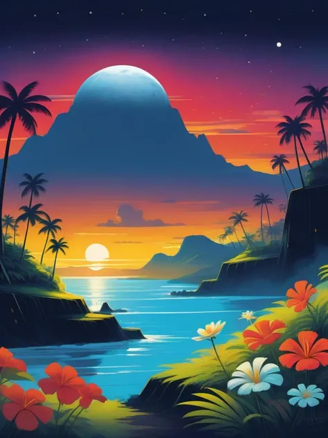 concept art (art by Einar Hkonarson:1.2) , (art by Nikolay Makovsky:0.8) , petroglyph of a landscape of a Glib The Hawaiian Islands from inside of a Offshore wind farm, winter city, Pure flower field, Moon in the night, Simple illustration, Naive Art, back-light, Primary Colors . digital artwork, illustrative, painterly, matte painting, highly detailed